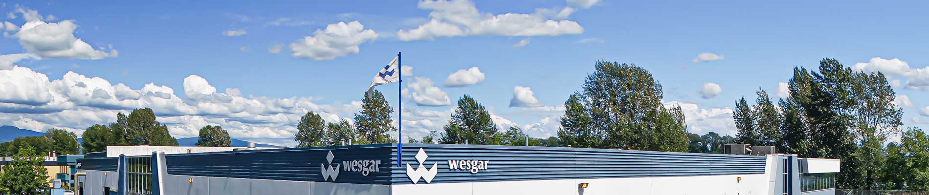 Skyline of Wesgar's warehouse with mountains and blue sky with clouds above