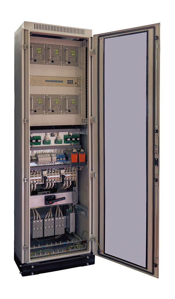 Open custom-made electrical cabinet showing components
