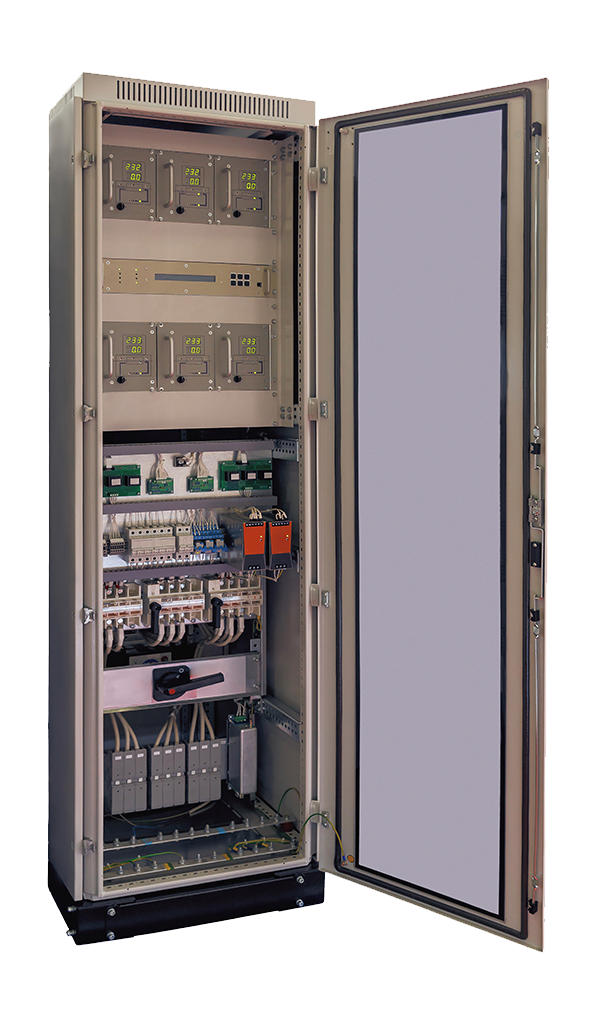 Open custom-made electrical cabinet showing components